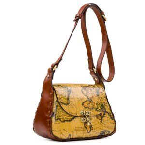 Patricia Nash Lucia Crossbody European Map Print Leather Bag Brown Multi
